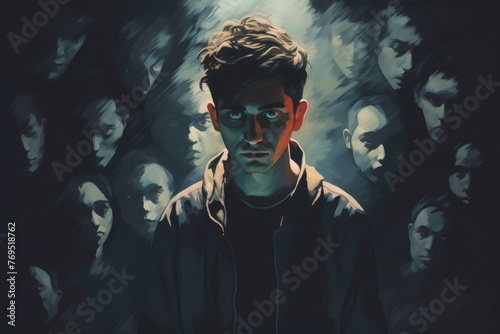  Illustration A haunting portrait of a person surrounded by ominous shadows, representing the psychological toll of fearmongering on mental health
