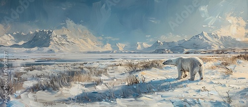 Arctic tundra, oil paint visual, polar bears, cold noon light, standard focal length.