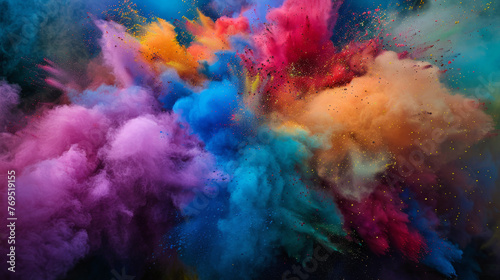 This image illustrates a spectacular, abstract, colorful powder explosion on a contrasting dark backdrop, symbolizing creativity and energy