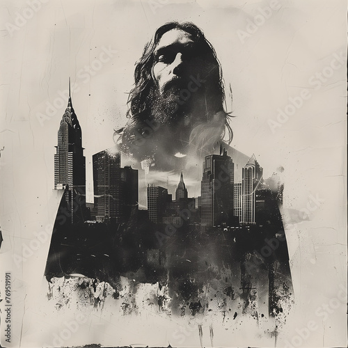 Double exposure image of Jesus Christ and skyscrapers photo