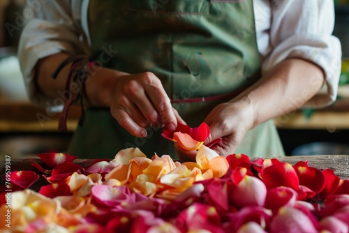 person in apron examining rose petals for pests