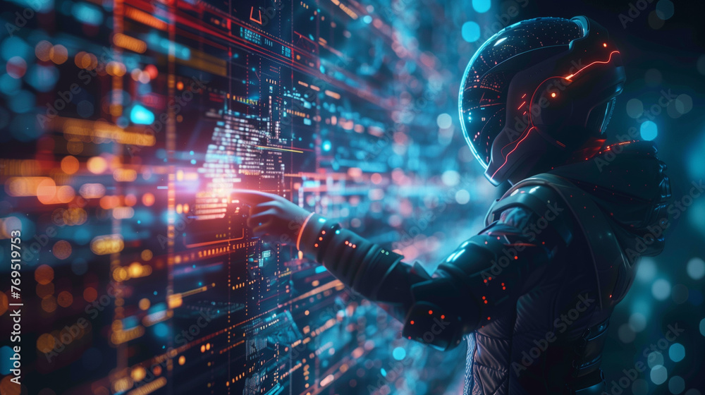 Digital painting of A cyber warrior finding an exploit within a complex ...