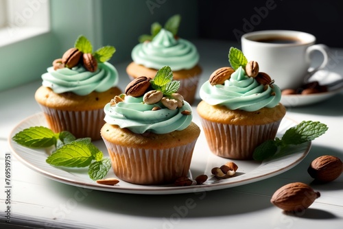 sweet muffins with cream, nuts on a wooden table