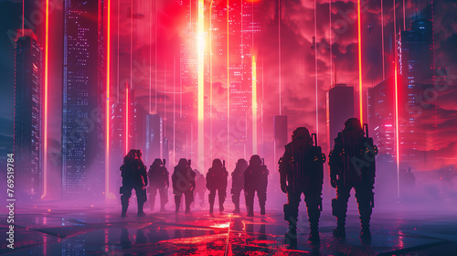 Digital painting of A squad of armored futuristic soldiers standing in formation within a dystopian city illuminated by neon lights and data streams.
