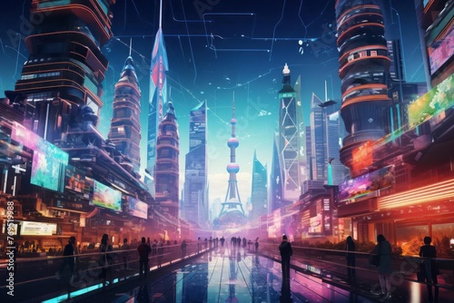 A futuristic vision of urban life in Shanghai, China, where skyscrapers pierce the clouds and neon lights bathe the streets in an otherworldly glow. photo