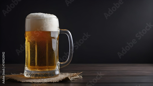 a mug of beer on a black background . the text space. copy space
