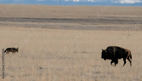 A Buffalo With A Lone Coyote In The Distance © Saba