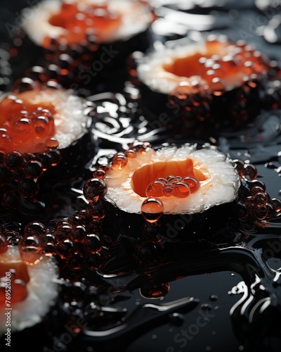 Close-up of a sushi roll forming from ferrofluid. Abstraction