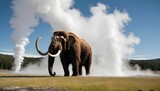 A Mammoth Standing In A Field Of Geysers Surround