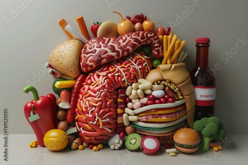 Human liver anatomy with junk food, fast food, unhealthy food.3d illustration