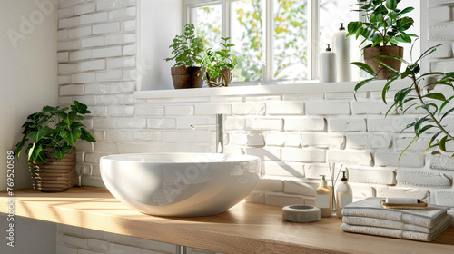 Modern bathroom in Scandinavian style with greenery and sunlight. Bathroom design concept with white sink, wooden countertop and white brick wall. Generated AI