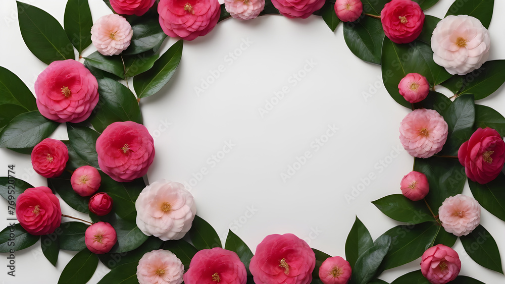 an empty circle of flowers on a white background. text space