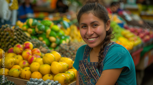 Smiling young woman selling a colorful array of fresh fruits at a local market stand.