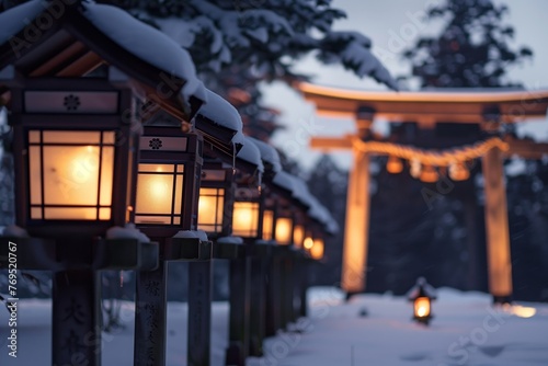 line of lanterns leading to a snowcovered torii gate, evening light © primopiano