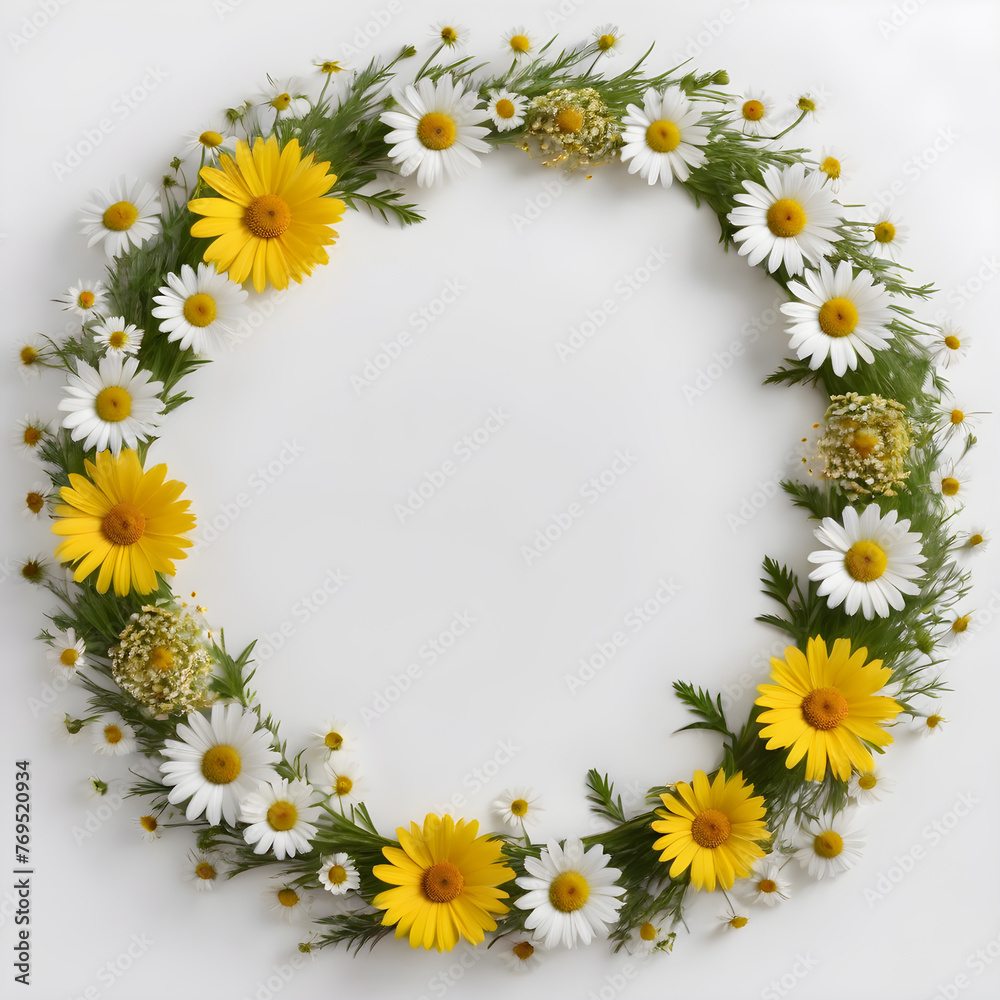 an empty circle of daisy flowers on a white background. text space an empty circle of daisy flowers on a white background. text space