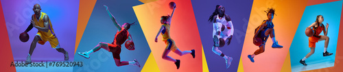 Collage. Dynamic images of different young people, basketball players in motion during game against multipored background in neon light. Concept of professional sport, competition, championship, game