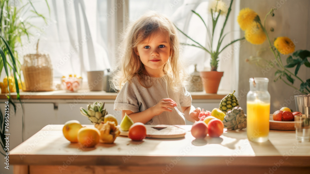 A little girl eats fruit in the kitchen at the table in the morning sunlight. Healthy nutrition concept for children. Cozy homely atmosphere. Generated AI A little girl eats fruit in the kitchen at the table in the morning sunlight. Healthy nutrition concept for children. Cozy homely atmosphere. Generated AI