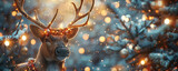 A reindeer with antlers decorated with lights and ornaments