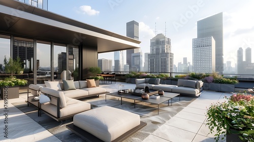 Elevated Oasis: Discovering Serenity in the Heart of the Urban Jungle, Atop a Contemporary Rooftop Where Skyline Views Merge with Modern Elegance, Creating a Tranquil Haven Above the Bustling 