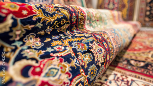 An array of ornate Persian rugs captured in a shop, rolled up showcasing the variety of their intricate patterns and craftsmanship