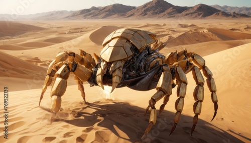 A robotic scorpion, armored in bronze segments, patrols a vast desert, its mechanical limbs casting sharp shadows on the sand.