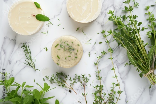 top view of solid shampoo with fresh herbs on marble surface