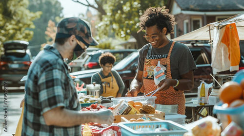 Residents organizing a community swap meet for sharing goods and resources to reduce consumption - happiness  joy  love  respect