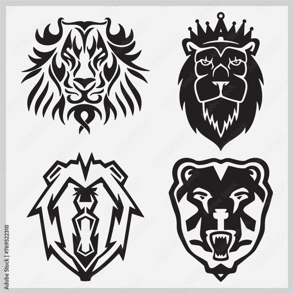 Tribal animals vector illustrations set, great for vehicle graphics, stickers and T-shirt designs. Cartoon mascots, ready for vinyl cutting. Lion King and bear characters.