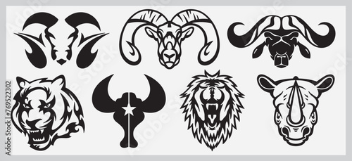Tribal animals vector illustrations set, great for vehicle graphics, stickers and T-shirt designs. Cartoon mascot characters, ready for vinyl cutting. Wild rams, water buffalo, lions, bull, rhinoceros