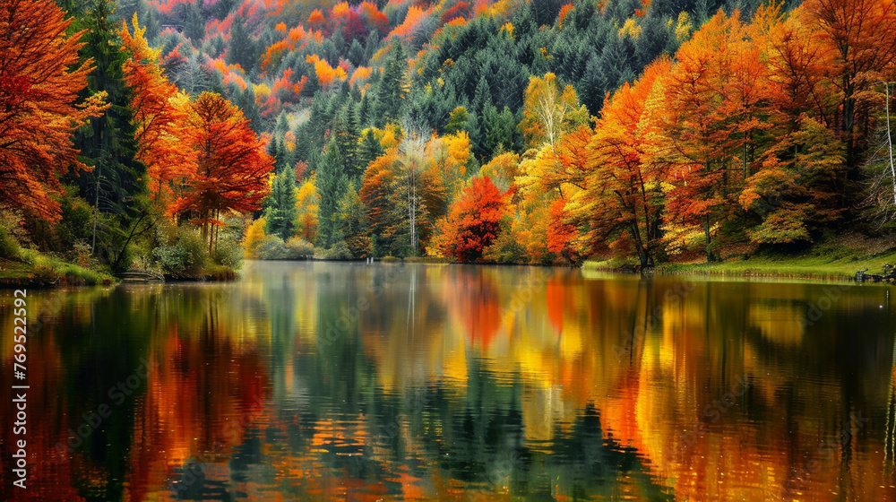 Fototapeta premium A tranquil lake reflecting the vibrant colors of autumn foliage, creating a beautiful contrast against the calm water.