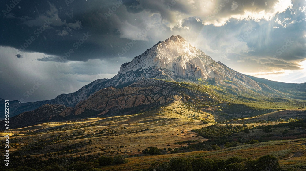 Fototapeta premium A mountain peak bathed in sunlight against a stormy sky, showcasing the stark contrast between sunshine and impending rain.
