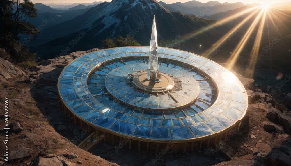 Dawn breaks over a futuristic, disc-shaped structure on a mountain peak, a beacon of light reflecting off its solar panels.