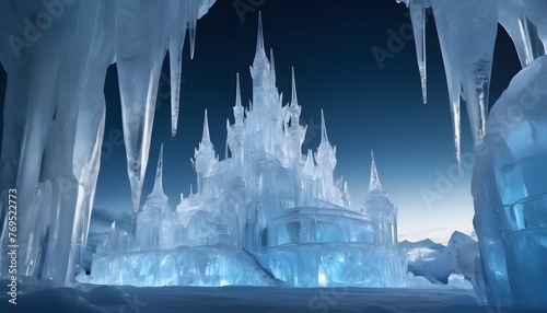 Enchanting Ice Palace With Glistening Ice Sculptur photo