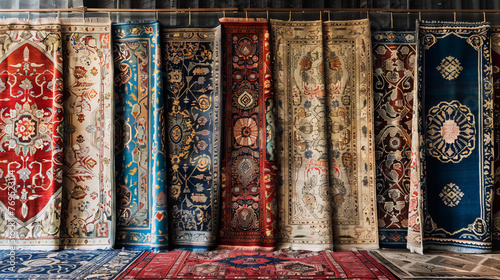 A diverse collection of traditional wall-hanging rugs displayed side by side in an artistic and cultural fashion