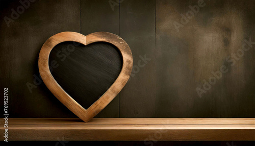 Blank blackboard with wooden frame in the shape of a heart, on top of a wooden shelf with copy space. Valentine's Day template. Generative Ai.