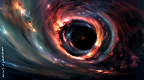 A vibrant digital art representation of a black hole surrounded by cosmic clouds and stellar formations, evoking a sense of the mysterious universe.
