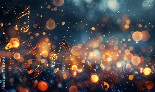 Festive background with musical notes and glowing lights