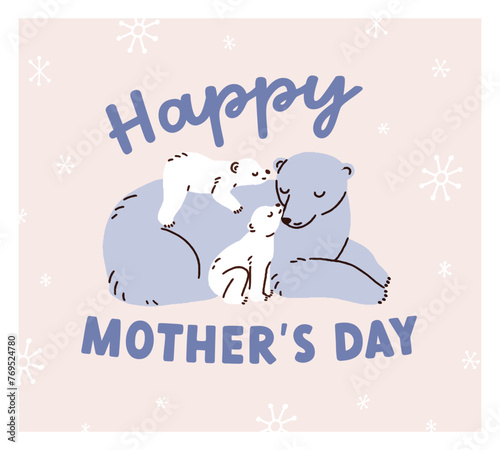 Happy Mother day, greeting card with polar bear mom and babies. Holiday postcard design, square background, cute funny animal family, north arctic mammal mommy and cubs. Flat vector illustration