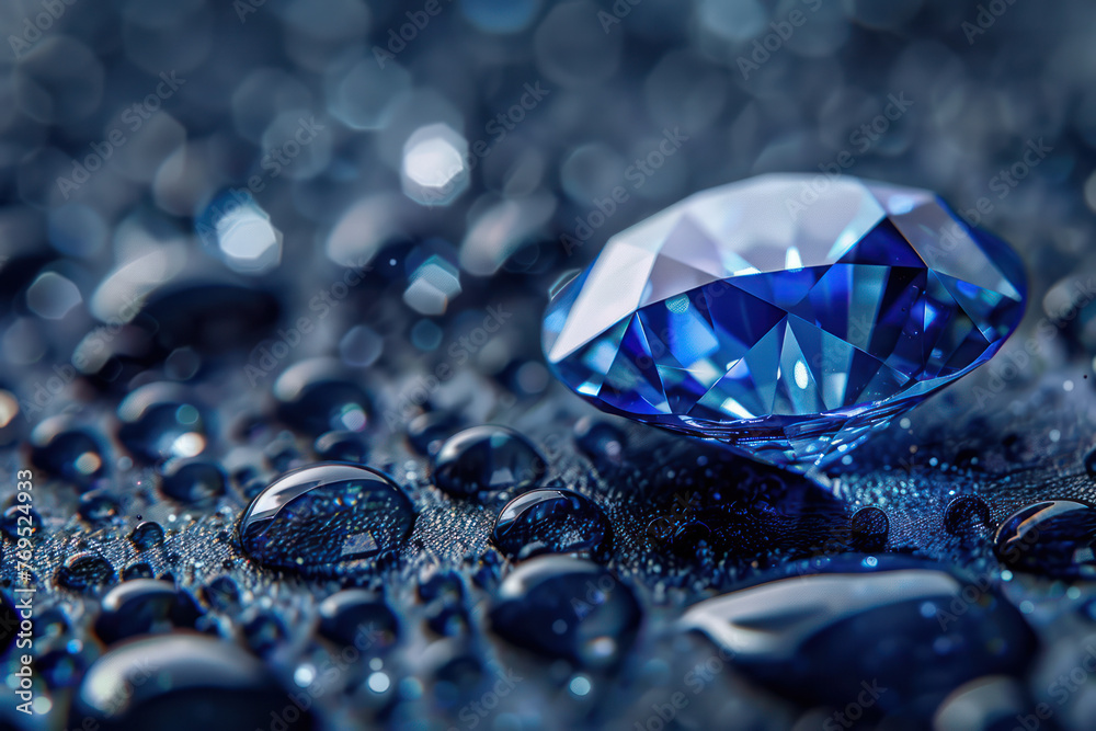 Blue Diamond Resting on Water Droplets