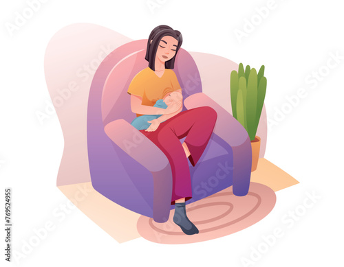 Young tired woman sitting on a chair and breastfeeding a baby. Difficult motherhood concept. Vector isolated cartoon illustration.