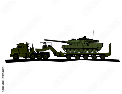 Semi-trailer truck. Oshkosh 1070 Heavy Equipment and Tank Transporter Systems. Main battle tank on a transporter platform. Vector image for prints, poster and illustrations.