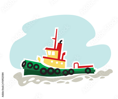 Tug ship. Support Tug ship. Small auxiliary vessel. Vector image for prints, poster and illustrations.