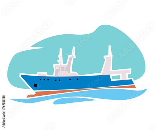 Fishing vessel. Stern fishing Trawler. Vector image for prints, poster and illustrations.
