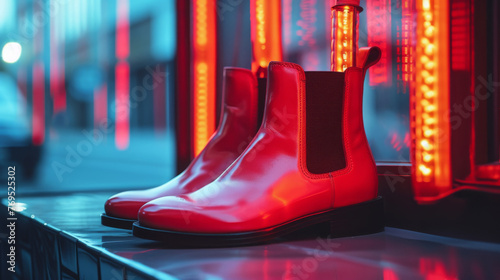Radiant Red Chelsea Boots Illuminated By Neon Lights