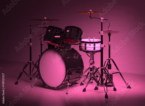 Illuminated drum kit in studio with pink ambient lighting