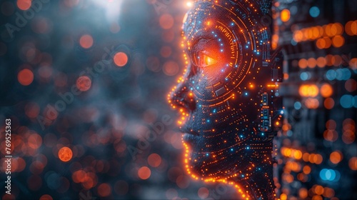 Future AI technology melding with the human mind, singularity concept