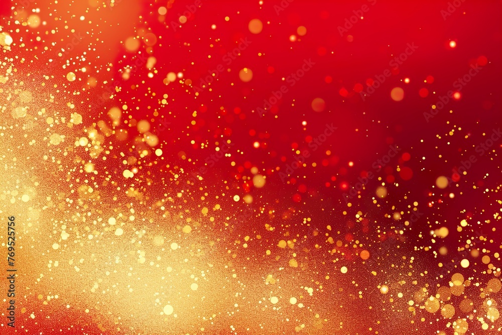 Abstract gold colored particle element design on red background