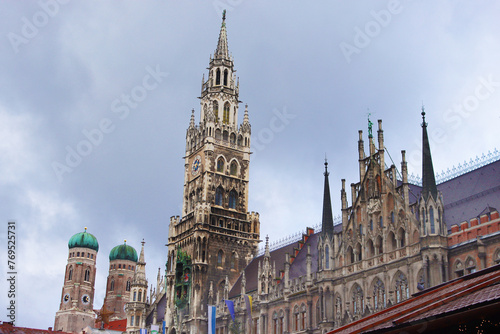 New city hall and towers of Frauenkirche Cathedral (left) in Munich, Bavaria, Germany