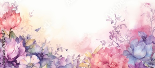 A watercolor painting portraying vibrant purple and magenta flowers on a pristine white background, showcasing the beauty of nature with blossoming petals and lush green grass