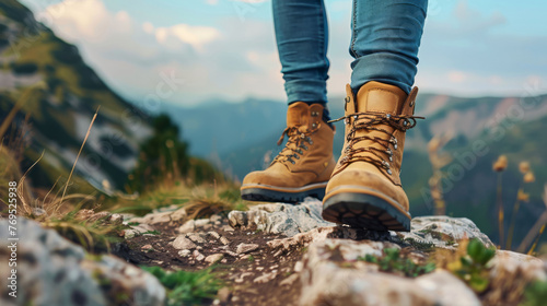 Füße in Wanderstiefeln stehen auf einem hohen Berg. Wander- und Freiheitskonzept. Hintergrund für Design. photo